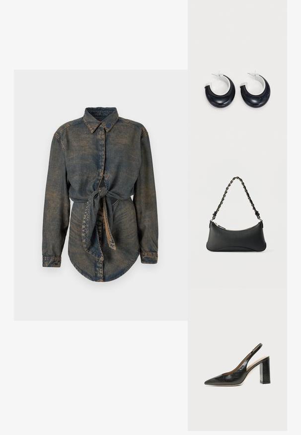 Camisa de mezclilla de color azul oscuro con un acabado ligeramente desvanecido. Presenta un cuello puntiagudo, cierre de botones y un detalle anudado en la cintura.; Zapato slingback de piel negra con puntera puntiaguda, tacón alto y ancho, y forro interior beige sobre un fondo claro y liso.; Bolso de hombro de cuero negro con forma rectangular curvada, cadena dorada entrelazada en una correa negra trenzada y cierre superior con cremallera.; Pendientes de aro de resina negra con acabado brillante y acentos de hardware en tono plateado. Forma circular con un corte y cierre a presión.