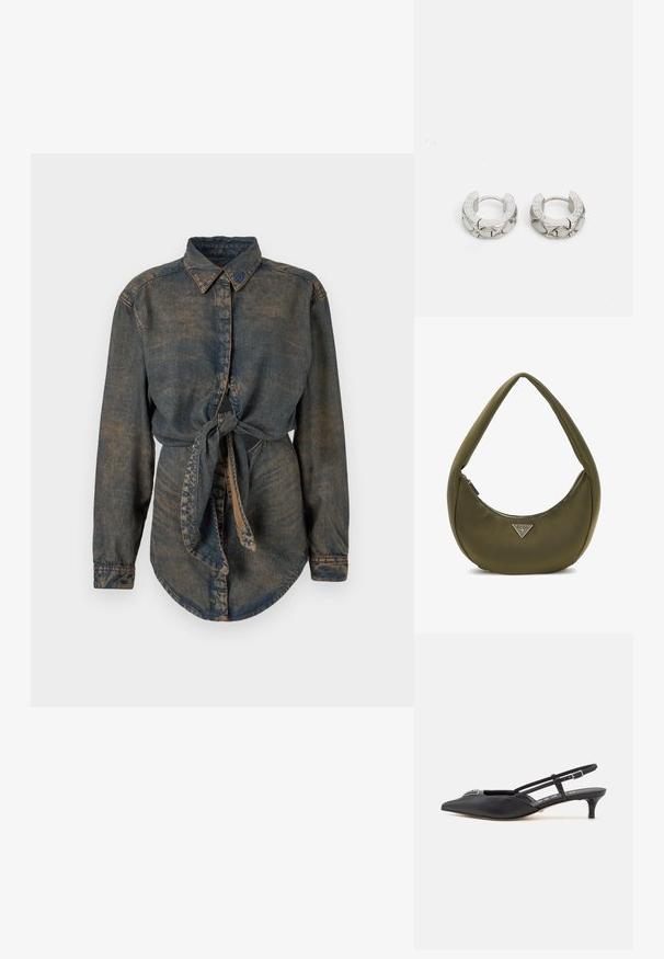 Denim overhemd in donkerblauw met een licht vervaagde afwerking. Heeft een puntkraag, knoopsluiting en een geknoopt detail bij de taille.; Zwarte slingback schoenen met een puntige neus, gemaakt van glad materiaal, met een kleine hak en een decoratieve zilverkleurige accent op de wreef.; Olijfgroene hobo tas met een gladde textuur, gebogen vorm en een zilveren driehoekig logo. Voorzien van een ritssluiting en een zachte, dikke schouderriem.; Guess STYLISH - Oorbellen - silver-coloured