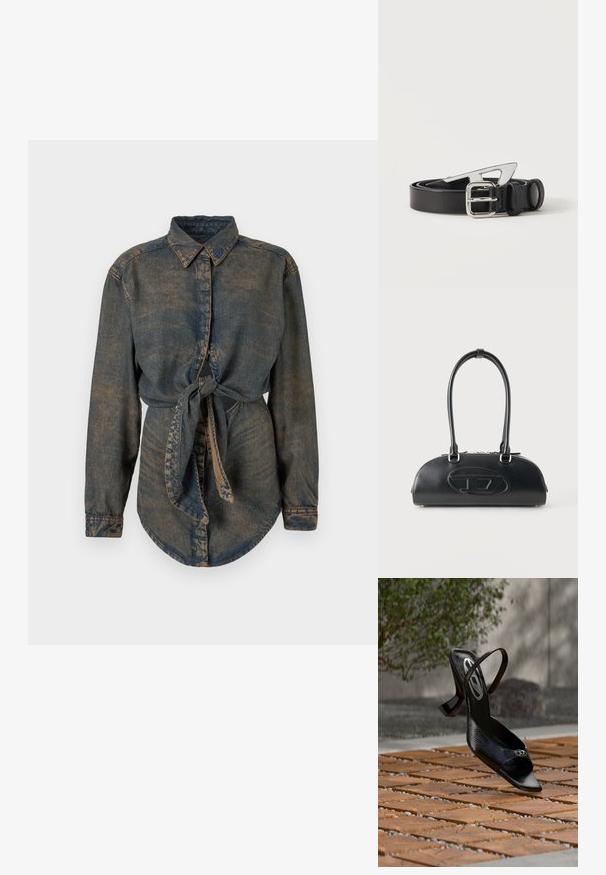 Denimskjorte i mørkeblå med en let falmet finish. Har en spids krave, knaplukning og en knyttet detalje i taljen.; Sort højhælet slingback-sko med tekstureret mønster og lille emblem på tåen, svævende over et trægulv udendørs.; Sort læderhåndtaske med lange dobbelte håndtag og præget ovalt logo foran, vist mod en ensartet lys baggrund.; Sort læderbælte rullet med sølv rektangulært spænde og en unik sølv geometrisk bæltespids på hvid baggrund.