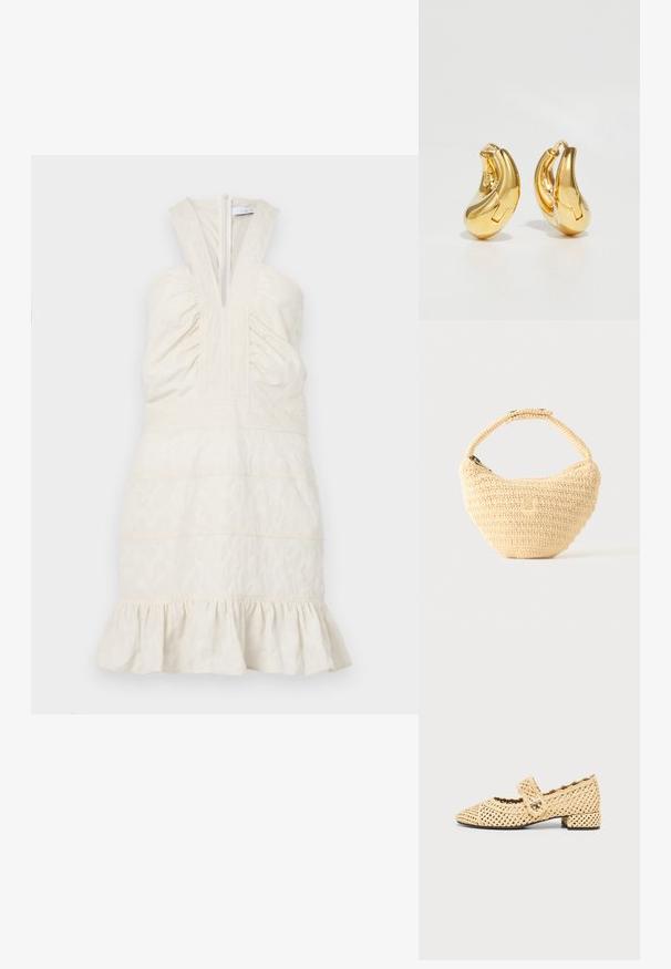 Robe crème sans manches avec un décolleté en V profond et un corsage froncé, avec des coutures horizontales et un ourlet volanté. Fermeture éclair au dos.; Chaussure Mary Jane tissée beige avec un petit talon bloc et une bride à boucle sur le dessus sur un fond uni.; Sac à main beige tissé avec corps arrondi, fermeture éclair et une sangle courte et épaisse dans un style crochet simple et texturé.; Boucles d'oreilles en or en forme de d'anneaux lisses et courbés avec une finition polie. Équipées d'un mécanisme de fermeture et de légères indentations pour le détail.