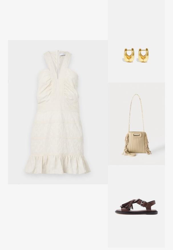 Robe crème sans manches avec un décolleté en V profond et un corsage froncé, avec des coutures horizontales et un ourlet volanté. Fermeture éclair au dos.; Sandale en cuir marron avec bride autour de la cheville, boucle argentée, semelle plate noire et décoration à pompon sur la bride avant.; Sac à main matelassé beige avec des détails à franges sur les côtés, une bandoulière chaîne dorée et une petite ouverture sur la poignée supérieure.; Boucles d'oreilles en or avec un design élégant et arrondi. Présentent un centre creux et une surface brillante, complétant les styles modernes.
