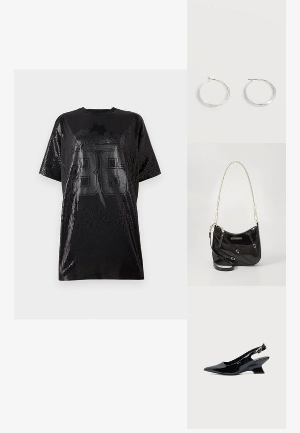 Sort mesh t-shirt med oversized pasform, rund halsudskæring og "Glorious 36" grafik i glansfuld sort print på forsiden.; Sort laklæder slingback sko med spids tå og lav vinklet blokhæl på ensartet lys baggrund.; Sort patentlæder crossbody taske med en buet form, sølv kædestrop, hardware i guld-tone og justerbar skulderstrop.; Sølvfarvede metaloorringe med glat, let buet overflade og låsemekanisme på en ensfarvet hvid baggrund.