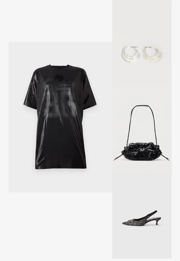 Sort mesh t-shirt med oversized pasform, rund halsudskæring og "Glorious 36" grafik i glansfuld sort print på forsiden.; Sort slingback kittenhæl med spids tå, tekstureret mønster og sølvspænde på hvid baggrund.; Sort læderhåndtaske med et opsamlet design og sløjfedetalje foran. Har en kort hank og sølvfarvede hardware-accenter.; Sølv hoop øreringe med tre lagdelte halvcirkelformede bånd, hvoraf det ene er udsmykket med små klare krystaller på en lys baggrund.