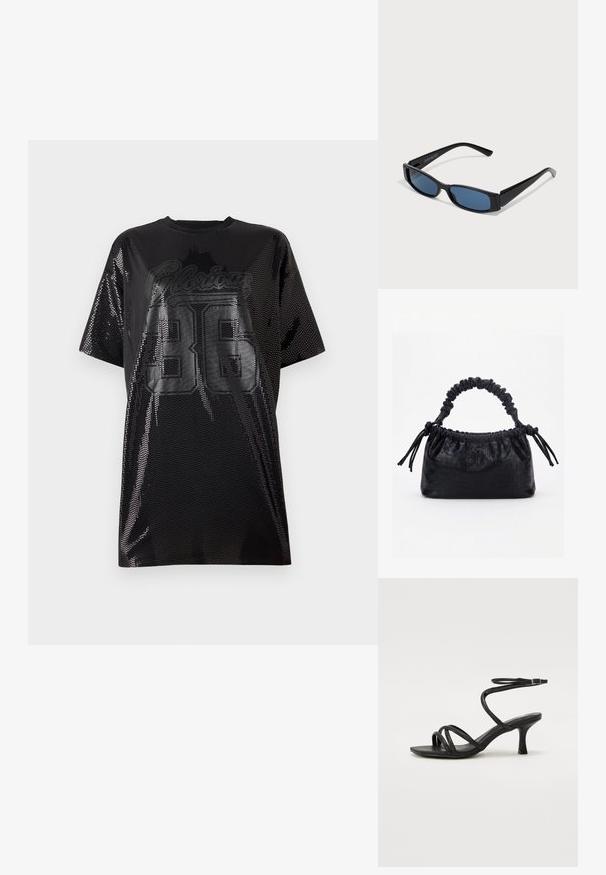 T-shirt en mesh noir avec coupe oversize, col rond et graphique "Glorious 36" en impression noire brillante à l'avant.; Even&Odd Wide Fit by Zalando Sandales - black; Lunettes de soleil noires avec une monture rectangulaire élégante et des verres bleus. Présente une texture lisse et des branches robustes. Logo de la marque sur le côté.; Sac à main noir avec texture crocodile, bord supérieur froncé, poignée plissée et pompons à cordon de chaque côté sur fond blanc.