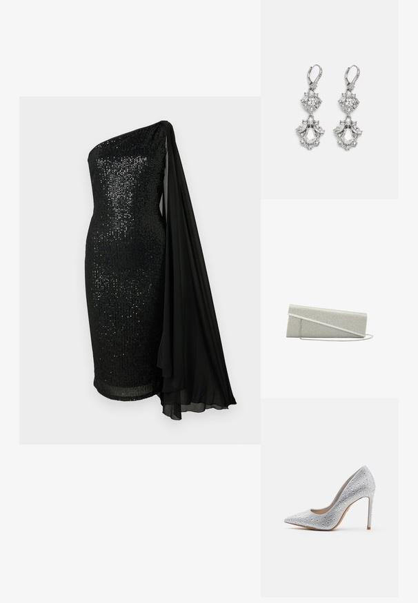 Vestido negro de lentejuelas con un diseño de un solo hombro. Presenta un detalle de capa de gasa negra que fluye, una silueta ajustada y un dobladillo a la altura de la rodilla.; Zapato de tacón alto plateado con punta afilada, decorado con strass, textura suave y tacón de aguja que se estrecha hacia una base estrecha.; Bolso de mano pequeño rectangular plateado con detalle de solapa diagonal y correa delgada para el hombro, cubierto de pequeñas piedras brillantes.; Pendientes de tono plateado que presentan múltiples piedras de cristal transparente en formas de lágrima y marquesa, con cierres de palanca y un detallado intrincado.
