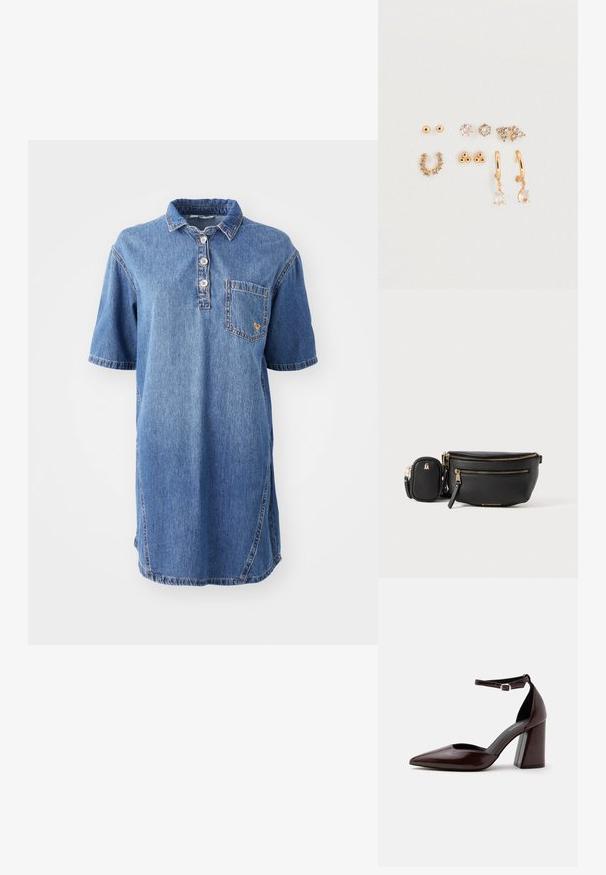 Denim polo jurk in lichtblauw, met een kraag, korte mouwen, een vierknops sluiting en een zakje aan de linkerkant van de borst.; Donkerbruine leren pumps met puntige neus, hoge hak, enkelbandje en zilveren gesp op een witte achtergrond.; Zwarte lederen tas met twee ritscompartimenten en hardware in goudkleur; inclusief een kleine bijpassende pouch met een reliëflogo.; Set goudkleurige oorbellen met studs, creolen met hangende accenten en decoratieve elementen, waaronder heldere edelstenen en ingewikkelde ontwerpen.