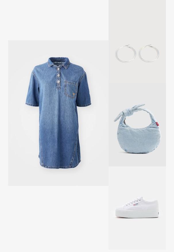 Vestido de polo de mezclilla en azul claro, con cuello, mangas cortas, tapeta de cuatro botones y un bolsillo de parche en el lado izquierdo del pecho.; Zapatilla de lona blanca con una gruesa suela de plataforma blanca, punta redonda y ojales de metal para los cordones. Logotipo de la marca mostrado en el lateral.; Bolso de hombro de mezclilla azul claro con un detalle de nudo en la asa y una pequeña etiqueta roja de Levi's en el lateral.; Pareja de pendientes de aro plateados brillantes con cierres de alambre delgado, mostrados sobre un fondo gris claro.