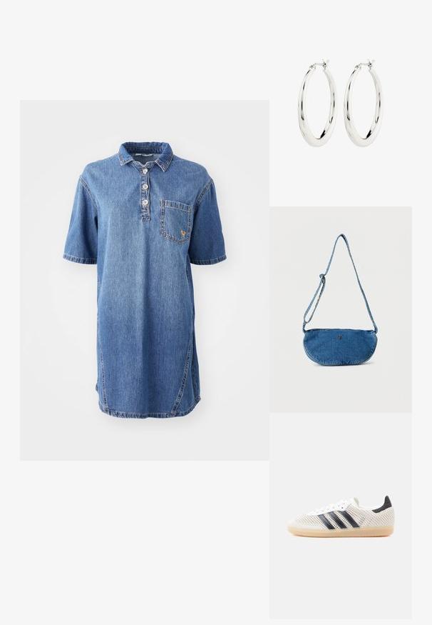 Vestido de polo de mezclilla en azul claro, con cuello, mangas cortas, tapeta de cuatro botones y un bolsillo de parche en el lado izquierdo del pecho.; Zapatillas deportivas de malla blanca con diseño de tres franjas negras, punta redondeada y suela de goma color café. Cuentan con un cuello de talón suave y cierre de cordones.; Bolso bandolera azul de mezclilla con correa ajustable y pequeño logo metálico en el frente, exhibido sobre fondo blanco.; Pendientes de aro de plata con un acabado suave y brillante. Forma circular, con un cierre seguro. Diseño sencillo y elegante.