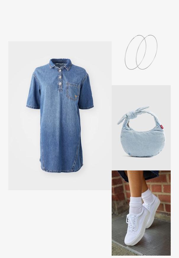 Denim polo jurk in lichtblauw, met een kraag, korte mouwen, een vierknops sluiting en een zakje aan de linkerkant van de borst.; Witte canvas sneakers met rubberen zolen, voorzien van zes vetertjes, een ronde neus en lichte stikdetails, gecombineerd met witte enkelsokken.; Lichtblauwe denim schoudertas met een knoopdetail aan het handvat en een klein rood Levi's-label aan de zijkant.; Zilveren hoepel oorbellen met een minimalistisch ontwerp. Cirkelvormig, gladde textuur en dun profiel. Lichtgewicht met een gepolijste afwerking.