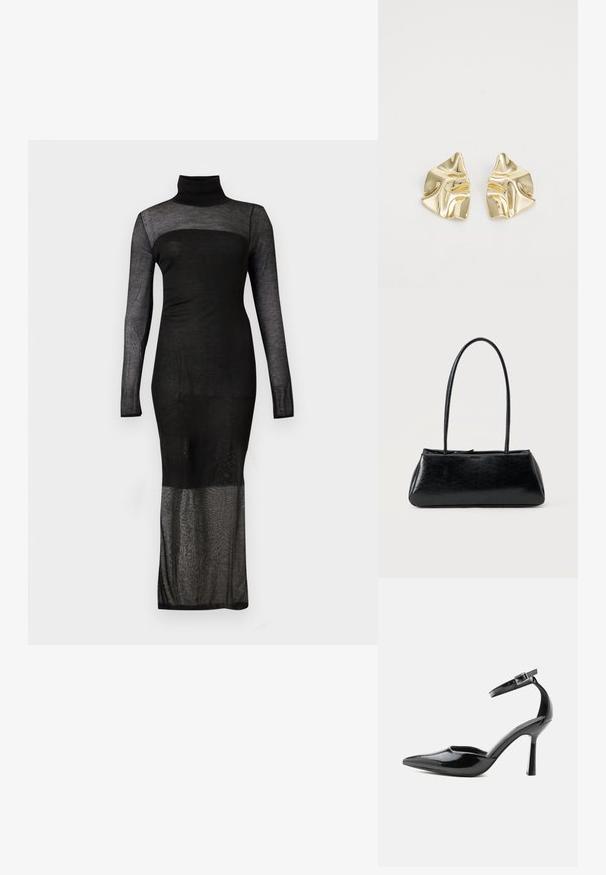 Robe noire à manches longues en tissu transparent, col roulé, avec une doublure opaque jusqu'à mi-cuisse et un tissu semi-transparent s'étendant jusqu'à la cheville.; Escarpin à talon haut en cuir verni noir à bout pointu avec bride à la cheville et boucle argentée, talon stiletto, vue de côté sur fond uni.; Sac à épaule rectangulaire noir avec de longues bretelles fines et une texture lisse et brillante sur un fond uni.; Boucles d'oreilles en métal doré avec un design ondulé ; surface lisse et réfléchissante ; forme asymétrique ; sans motifs ni éléments visibles.