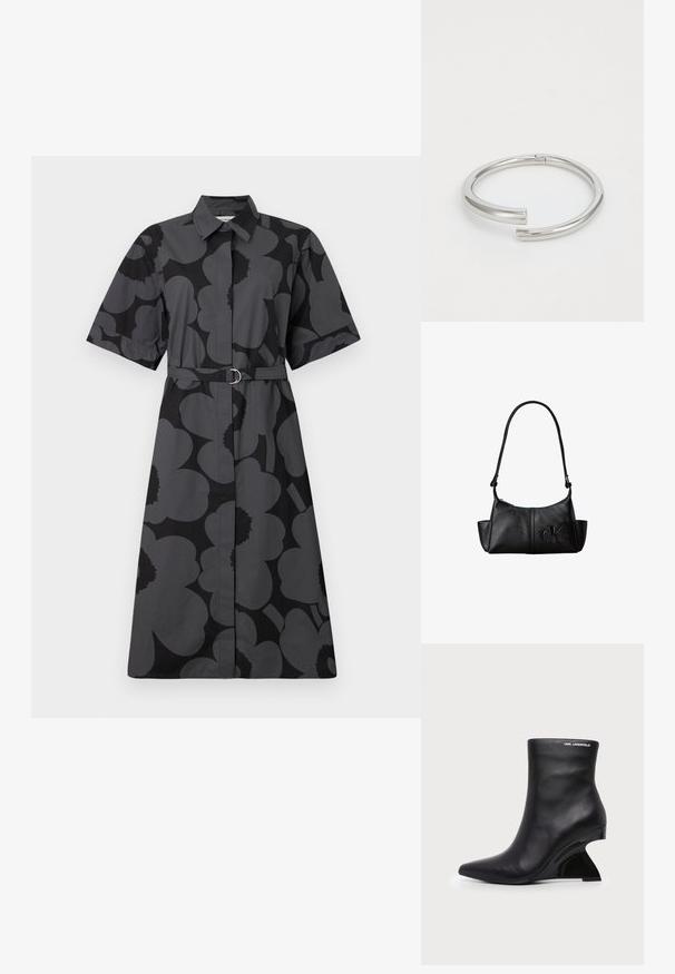 Zwart en grijs bloemenpatroon shirtjurk met korte mouwen, een kraag en een ceintuur in de taille. Gladde stof met een comfortabele pasvorm.; Zwarte leren enkellaars met gebogen gesculpteerde hak en Karl Lagerfeld-logo nabij de bovenrand op een witte achtergrond.; Zwarte leren schoudertas met lange band, zijvakjes en een reliëflogo van Calvin Klein aan de voorkant.; Calvin Klein SPIRAL - Armband - silver-coloured