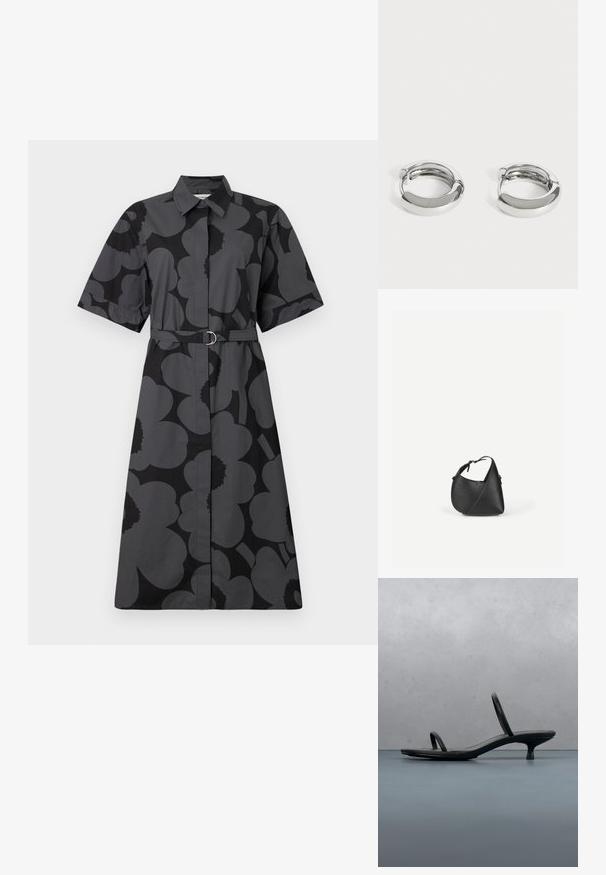 Čierno-siv dress s kvetinovým vzorom a krátkymi rukávmi, s golierom a opaskom v páse. Hladká tkanina s voľným strihom.; Čierna sandála Calvin Klein na podpätku s tenkými remienkami, vyvážená na drevených dlaždiciach vonku pri stene a zelene.; Čierna kožená kabelka cez rameno s zaobleným trojuholníkovým tvarom a nastaviteľným remienkom na svetlom jednoduchom pozadí.; Pár malých, lesklých strieborných náušníc s hladkými zaoblenými povrchmi na obyčajnom bielom pozadí.