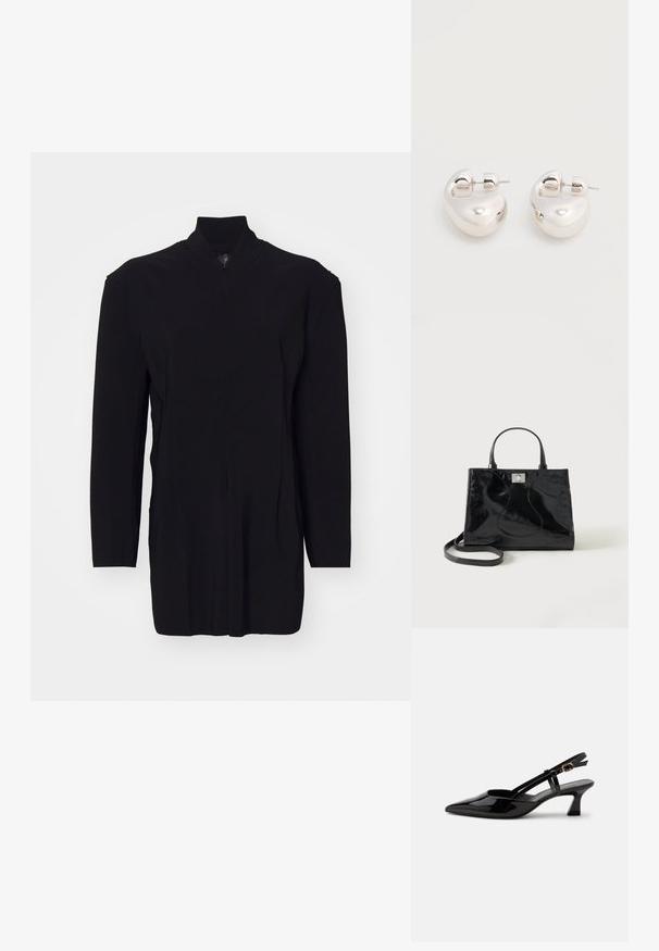 Prenda negra de manga larga con cuello alto, que cuenta con un cierre de cremallera y costuras estructuradas para un ajuste entallado. Textura suave, diseño minimalista.; Zapato slingback de charol negro con tacón bajo, punta puntiaguda y correa ajustable con hebilla dorada sobre fondo blanco.; Bolso de mano negro de piel patentada con asas redondeadas, una correa de hombro desmontable y cierre de broche plateado sobre un fondo blanco liso.; Par de pendientes llamativos de aro grueso plateado brillante con cierre de poste sobre un fondo blanco liso.