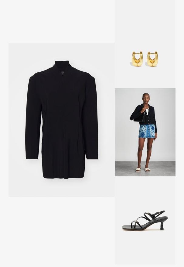 Prenda negra de manga larga con cuello alto, que cuenta con un cierre de cremallera y costuras estructuradas para un ajuste entallado. Textura suave, diseño minimalista.; Sandalias de charol negro con tiras, punta cuadrada y un bajo tacón en bloque. Presenta herrajes en tono dorado y correas en el tobillo ajustables.; Cárdigan negro de punto, blusa blanca, falda de mezclilla con patrón de diamantes en azul y negro, bolso negro y sandalias deslizantes beige.; Pendientes de aro de oro con un diseño elegante y redondeado. Presentan un centro hueco y una superficie brillante, complementando estilos modernos.