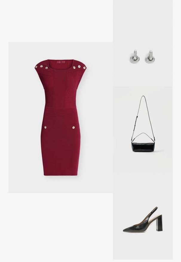 Robe bordeaux ajustée sans manches avec texture côtelée, détails de boutons aux épaules et près des hanches, encolure ronde.; Chaussure slingback en cuir noir à bout pointu avec un talon bloc haut et une doublure intérieure beige sur un fond clair uni.; Sac bandoulière rectangulaire en cuir noir avec bandoulière ajustable, fermeture éclair sur le dessus et petit logo Calvin Klein doré sur le devant.; Paire de petites boucles d'oreilles créoles argentées brillantes avec une base ronde, présentées sur un fond clair uni.