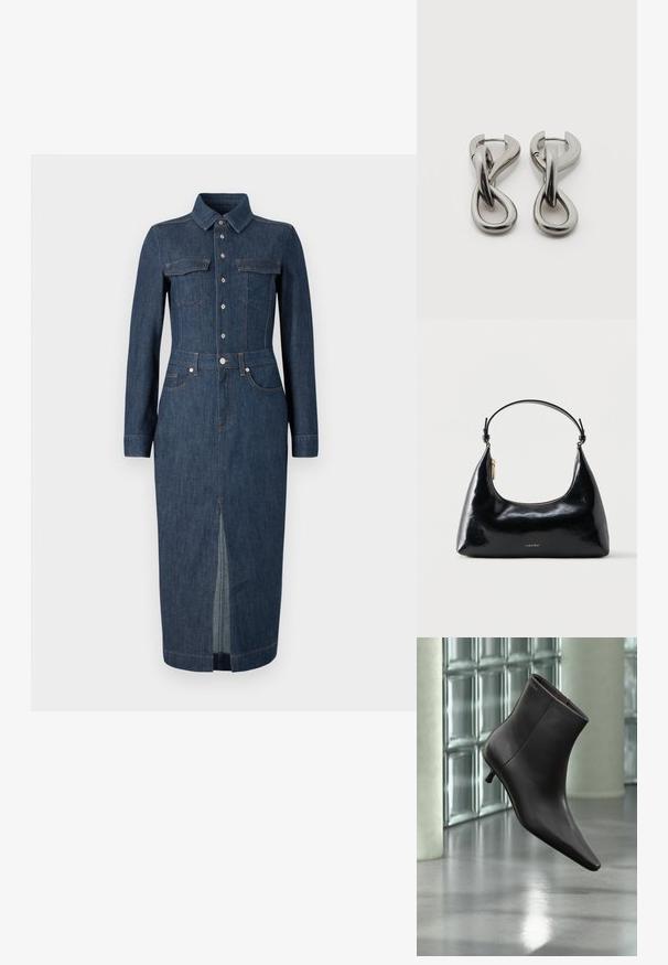Jeanskleid mit langen Ärmeln, klassischem Kragen, Fronttaschen und Knopfverschluss. Dunkelblau mit einem zentralen Schlitz am Saum für mehr Bewegungsfreiheit.; Schwarzer Leder-Knöchelstiefel mit spitzer Spitze und kleinem Absatz vor einer Wand aus Glasbausteinen und einem polierten Boden.; Schwarze, glänzende Calvin Klein Handtasche mit goldfarbenem Reißverschluss und kurzem Trageriemen vor schlichtem weißem Hintergrund.; Paar silberfarbene Metallohrringe mit abstraktem ineinandergreifendem Schlaufen-Design auf weißem Hintergrund.