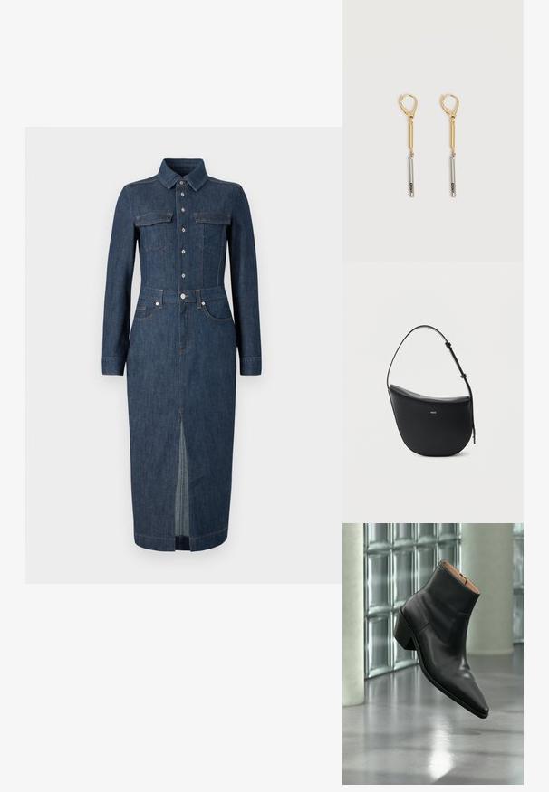 Jeanskleid mit langen Ärmeln, klassischem Kragen, Fronttaschen und Knopfverschluss. Dunkelblau mit einem zentralen Schlitz am Saum für mehr Bewegungsfreiheit.; Schwarzer Leder-Stiefelette mit spitzer Schuhspitze und Blockabsatz, der über einem reflektierenden grauen Boden nahe einer Glassteinwand schwebt.; Schwarze halbmondförmige Lederschultertasche mit verstellbarem Schulterriemen und goldenem "BOSS"-Logo mittig vorne.; Gold- und Silber-Tropfenohrringe mit Klappverschluss, bestehend aus einer Goldstange, die mit einer Silberstange verbunden ist, auf der "DKNY" eingraviert ist, vor weißem Hintergrund.