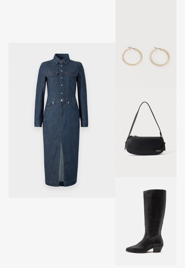 Jeanskleid mit langen Ärmeln, klassischem Kragen, Fronttaschen und Knopfverschluss. Dunkelblau mit einem zentralen Schlitz am Saum für mehr Bewegungsfreiheit.; Schwarzer Lederstiefel bis zur Wade mit spitzer Spitze und niedrigem schrägem Absatz vor einfachem hellem Hintergrund.; Schwarze Lederschultertasche mit geschwungener Klappe, goldenem "HUGO" Logo auf der Vorderseite und einem verstellbaren Riemen.; Paar mittelgroße, glatte Creolen in Goldton mit Scharnier-Verschlüssen auf einem einfarbigen hellen Hintergrund.