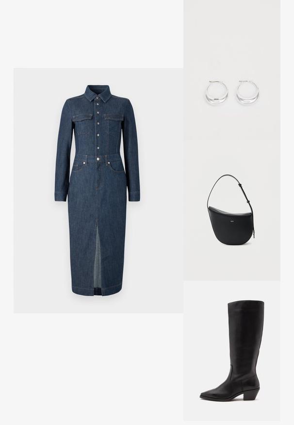 Jeanskleid mit langen Ärmeln, klassischem Kragen, Fronttaschen und Knopfverschluss. Dunkelblau mit einem zentralen Schlitz am Saum für mehr Bewegungsfreiheit.; Schwarzer Lederstiefel bis zur Wade mit spitzer Spitze und niedrigem schrägem Absatz vor einfachem hellem Hintergrund.; Schwarze halbmondförmige Lederschultertasche mit verstellbarem Schulterriemen und goldenem "BOSS"-Logo mittig vorne.; Silberne Creolen mit glänzender Oberfläche und DKNY-Logo, vor einem schlichten weißen Hintergrund präsentiert.