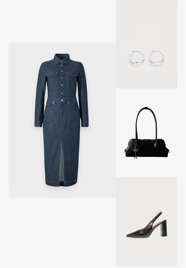 Jeanskleid mit langen Ärmeln, klassischem Kragen, Fronttaschen und Knopfverschluss. Dunkelblau mit einem zentralen Schlitz am Saum für mehr Bewegungsfreiheit.; Schwarzer Leder-Slingback-Schuh mit spitzer Kappe, hohem Blockabsatz und beigegefüttertem Innenraum vor hellem, einfarbigem Hintergrund.; Schwarze Lederhandtasche von Calvin Klein mit langen Henkeln, einem vorderen Logo-Tag und einem silbernen geometrischen Anhänger, der an einem Henkel hängt.; Silberne Creolen mit glänzender Oberfläche und DKNY-Logo, vor einem schlichten weißen Hintergrund präsentiert.