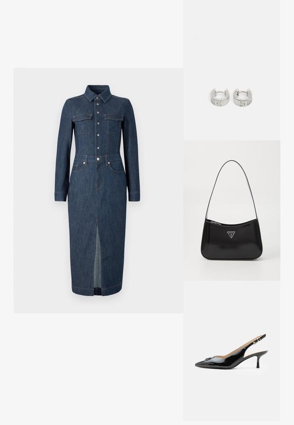 Jeanskleid mit langen Ärmeln, klassischem Kragen, Fronttaschen und Knopfverschluss. Dunkelblau mit einem zentralen Schlitz am Saum für mehr Bewegungsfreiheit.; Schwarzer Pumps mit Riemchen aus Lackleder, spitz zulaufender Zehenpartie, kleinem Kitten-Heel und silberner Schnalle auf weißem Hintergrund.; Schwarze patentierte Leder-Schultertasche mit geschwungener Form, ausgestattet mit einem silbernen Dreieckslogo und einem Reißverschluss. Glatte Textur und schmaler Riemen.; Guess STYLISH - Ohrringe - silver-coloured