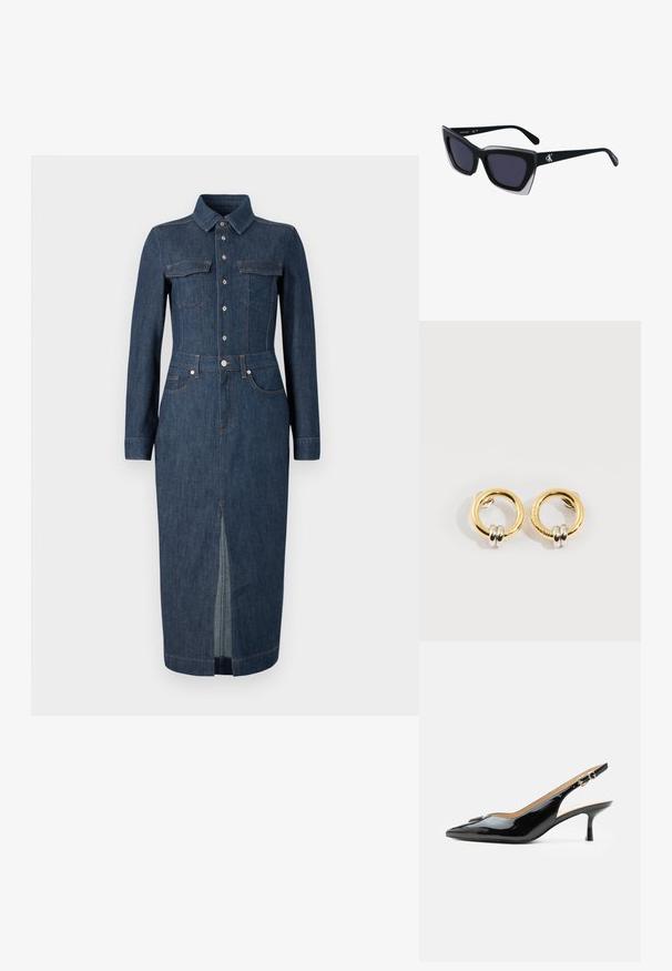 Jeanskleid mit langen Ärmeln, klassischem Kragen, Fronttaschen und Knopfverschluss. Dunkelblau mit einem zentralen Schlitz am Saum für mehr Bewegungsfreiheit.; Schwarzer Pumps mit Riemchen aus Lackleder, spitz zulaufender Zehenpartie, kleinem Kitten-Heel und silberner Schnalle auf weißem Hintergrund.; Schwarze übergroße Sonnenbrille mit geometrischer Form, ausgestattet mit dunklen Gläsern und einem kontrastierenden grauen Detail im Rahmen. Logo am Bügel.; Goldene runde Ohrringe mit jeweils zwei kleinen silbernen Ringen, die dezent gravierte Markennamen zeigen, vor weißem Hintergrund platziert.