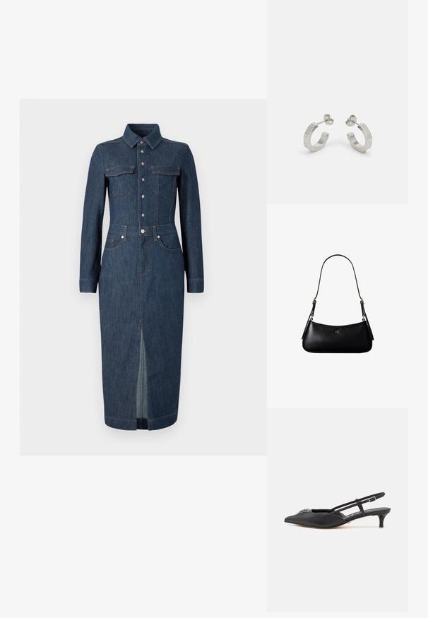 Denimmekko pitkähihaisilla, klassisella kauluksella, etutaskuilla ja nappikiinnityksellä. Tummansininen, keskellä halkio helman kohdalla liikkumisen helpottamiseksi.; Mustat slingback-kengät, joissa on terävä kärki, valmistettu sileästä materiaalista, pieni korko ja koristeellinen hopeinen yksityiskohta kengän päällä.; Musta nahkainen pieni olkalaukku ohuella hihnalla ja pienellä kullanvärisellä CK-logolla etuosan keskellä.; Hopeva ripustettavat korvakorut, joissa on hopeinen metallinen, tekstuurihoitoinen muotoilu. Niissä on pieni postikiinnitys ja brändäys yhdellä hoopilla. Pyöristetty muoto ja kiiltävä pinta.