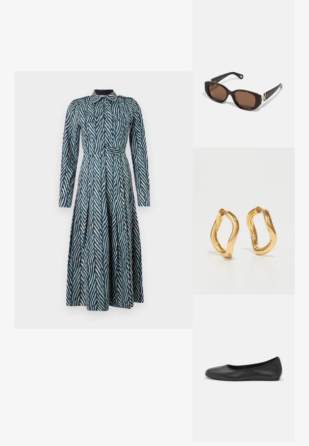 Diane von Furstenberg ASPEN DRESS - Skjortekjole - blue; Sort læderballetsko med rund tå, glat tekstur, minimal syning og et fleksibelt såldesign.; Brune skildpaddesolbriller med rektangulære linser, guldhardware-detaljer ved stængerne og elegante sorte arme.; Guldfarvede hoops øreringe med en buet, uregelmæssig form og en glat, poleret overflade. Ingen synligt hardware eller dekorationer.