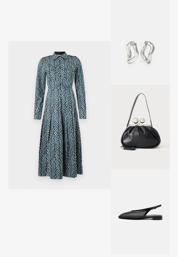 Diane von Furstenberg ASPEN DRESS - Blusenkleid - blue; Schwarzer Slingback-Flachschuh mit spitzer Kappe, Mesh-Obermaterial, verstellbarem Schnallenriemen und niedrigem Blockabsatz auf weißem Hintergrund.; Schwarze Ledertasche mit gerafftem Design, einem einzelnen Riemen, silbernem Metallrahmen und zwei großen runden silbernen Verschlüssen.; Silberne Creolen mit gedrehtem Design. Abgerundete Kanten und glänzende Oberfläche. Offen schließende Verschlüsse für einfaches An- und Ausziehen. Glatte Textur durchgehend.