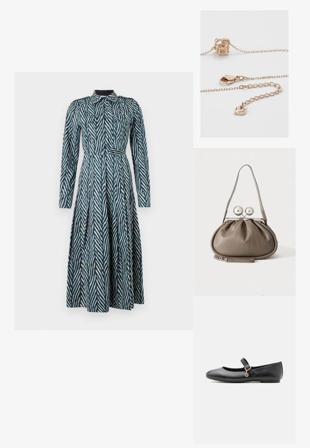 Diane von Furstenberg ASPEN DRESS - Skjortekjole - blue; Sort Mary Jane-lædersko med flad sål, lille guldbælte og rund vedhæng på hvid baggrund.; Grå læderhåndtaske med rundet form, toplås med to store sølvkugler og en enkelt strop.; Rosaguld kædelys med en dekorativ lås og en lille svanecharme udsmykket med klare rhinsten i enden.
