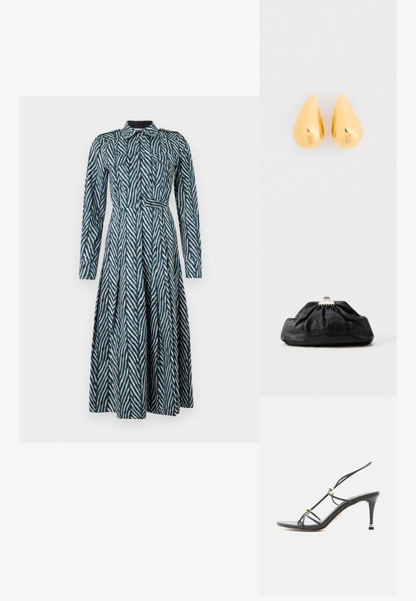 Diane von Furstenberg ASPEN DRESS - Tričkové šaty - blue; Čierna vysoká sandála na podpätku s tenkými remienkami a zlatými korálikovými ozdobami na špičatom ihlovom podpätku.; Čierna kožená kabelka do ruky s nazbieranou štruktúrou, kovovým zapínaním a jemným vypuklým logom na prednej strane. Okrúhly tvar.; Zlaté náušnice vo forme slzy s hladkým, lesklým povrchom a zaoblenými spodnými časťami, odrážajúce svetlo s lesklým povrchom.