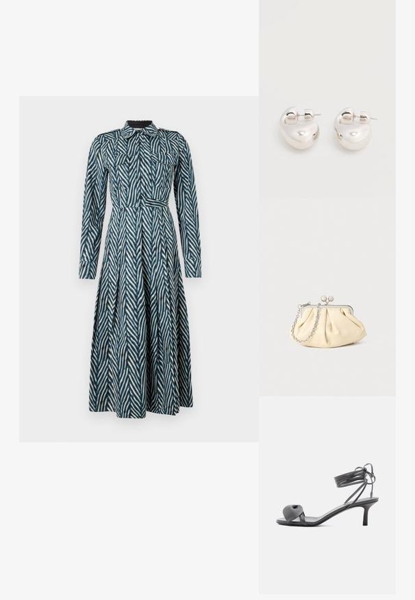 Diane von Furstenberg ASPEN DRESS - Vestido camisero - blue; Sandalia de tacón de cuero gris con tira anudada en los dedos y cordones que se envuelven alrededor del tobillo, sobre un tacón delgado de altura media, sobre fondo blanco.; Clutch de cuero beige plisado con un marco de metal plateado, que cuenta con dos broches decorativos redondos y una correa de cadena plateada.; Par de pendientes llamativos de aro grueso plateado brillante con cierre de poste sobre un fondo blanco liso.