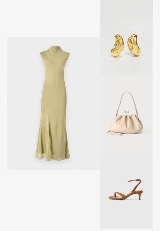 Langes, eng anliegendes Kleid aus hellgelbem Stoff mit hohem Kragen, geschwungener Silhouette und einem seitlichen Schlitz nahe dem Saum für zusätzliche Details.; Braune Leder-Riemchensandale mit niedrigem Kitten-Heel und einem Knöchelriemen mit kleiner Schnalle, seitlich auf neutralem Hintergrund dargestellt.; Beige weiche Lederhandtasche mit silbernem Metallrahmenverschluss, einem Schulterriemen und einem optionalen Kettenriemen auf weißem Hintergrund.; Goldene Creolen mit einer glatten, geschwungenen Form und polierter Oberfläche. Mit einem Verschlussmechanismus und leichten Einkerbungen für Details.