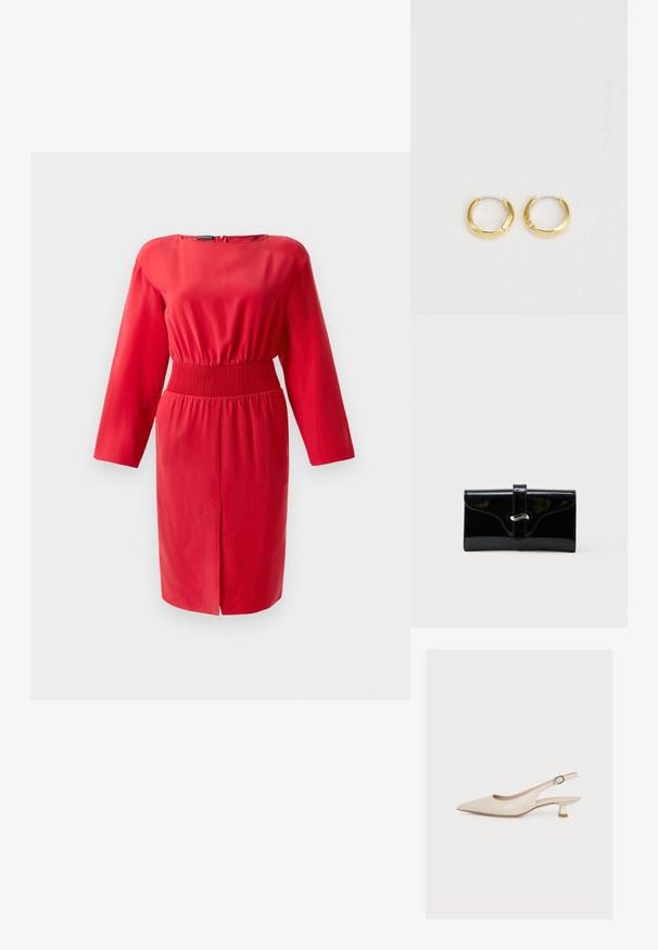 Rotes Kleid mit langen Ärmeln und gerafftem Taillenbund. Glattes Material, knielanger Saum und ein Reißverschluss auf der Rückseite. Einfaches, tailliertes Design ohne Druckmuster.; Beiger Slingback-Schuh mit spitzer Kappe, niedrigem Kitten-Heel und einem Knöchelriemchen mit kleiner Schnalle, gezeigt auf schlichtem weißem Hintergrund.; Schwarze glänzende rechteckige Brieftasche mit einem vorderen Riemen und silberner Metallverschluss, vor einem schlichten weißen Hintergrund.; Goldene Creolen mit hochglänzender Oberfläche, runder Form und Scharnierverschluss. Glatte Textur und minimalistisches Design.
