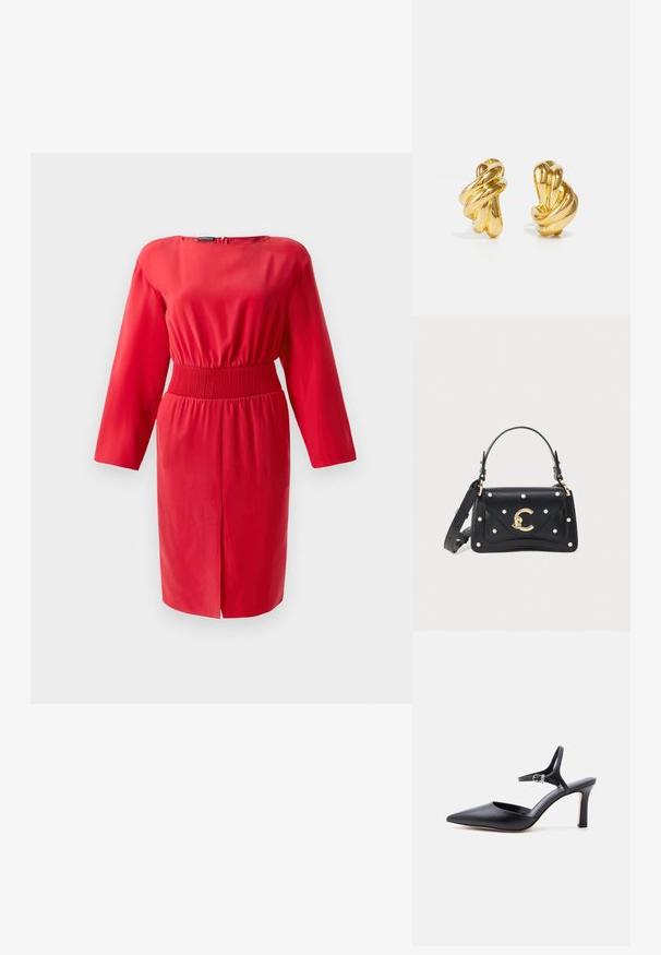 Rotes Kleid mit langen Ärmeln und gerafftem Taillenbund. Glattes Material, knielanger Saum und ein Reißverschluss auf der Rückseite. Einfaches, tailliertes Design ohne Druckmuster.; Schwarzer spitzer High Heel mit dünnem Knöchelriemen und silberner Schnalle, glatte Lederoberfläche, eleganter Damenschuh.; Schwarze Lederhandtasche mit goldfarbenem "C"-Verschluss, Perlenverzierungen, oberen Griff und verstellbarem Schulterriemen auf weißem Hintergrund.; Goldfarbene Metallohrringe mit einem gewundenen Design, das glatte Oberflächen und abgerundete Kanten aufweist und eine reflexive, glänzende Oberfläche zeigt.