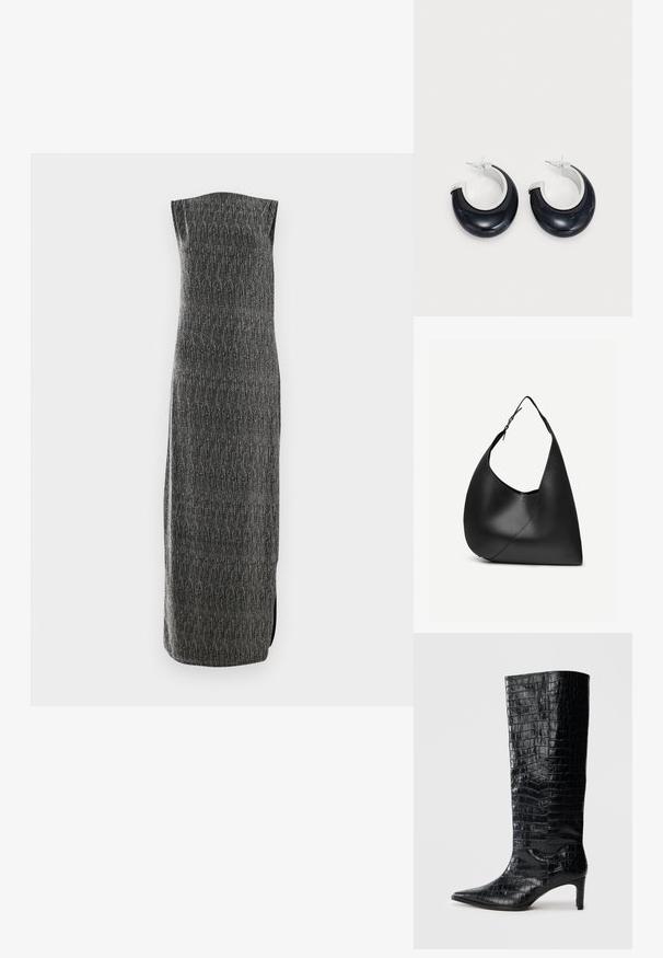 Vestido largo sin mangas de tela gris con un patrón texturizado y una abertura lateral. Corte recto con un ligero brillo, diseñado para una silueta estilizada.; Botas negras de media caña con textura brillante de patrón de cocodrilo, punta afilada y tacón cónico. Material sintético liso.; Bolso de hombro de cuero negro con forma triangular curva, una única correa ajustable y una costura diagonal visible en el frente.; Pendientes de aro de resina negra con acabado brillante y acentos de hardware en tono plateado. Forma circular con un corte y cierre a presión.