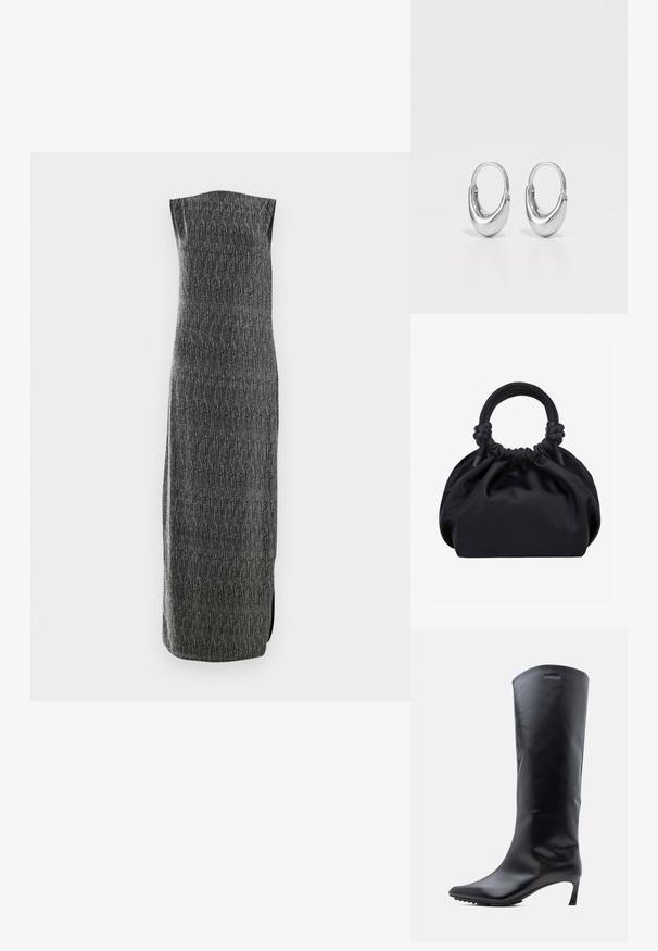 Ärmelloses, langes Kleid aus grauem Stoff mit strukturiertem Muster und seitlichem Schlitz. Gerader Schnitt mit subtiler Schimmer, entworfen für eine stromlinienförmige Silhouette.; Knielanger schwarzer Lederstiefel mit spitzer Zehe und schlankem, hohem Absatz. Glatte Textur mit minimaler Hardware und Markenlogo in der Nähe des oberen Randes.; Schwarze weiche Stoffhandtasche mit gerafftem oberen Rand und runden, gepolsterten Griffen, die auf jeder Seite mit Knoten gebunden sind.; Silberne Creolen mit einer gebogenen, tropfenförmigen Form und polierter Oberfläche. Verfügt über einen sicheren Verschluss und eine glatte Textur.