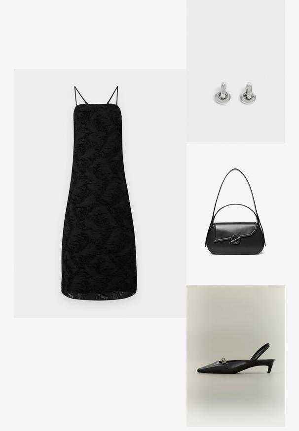 Sort kjole med spaghettistropper, der har tekstureret stof i et blomsterdesign, knælangt længde og en lige silhuet.; Sort læder slingback med kitten heel, spids tå og lille guldfarvet spænde på en ensfarvet baggrund.; Sort skuldertaske i læder med en buet klap, der er fastgjort med en rund metal spænde, og en slank, justerbar rem.; Par små, skinnende sølv hoops med rund base, vist på en ensfarvet lys baggrund.