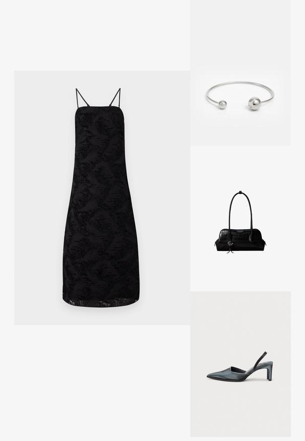 Sort kjole med spaghettistropper, der har tekstureret stof i et blomsterdesign, knælangt længde og en lige silhuet.; Sort slingback-hæl med spids tå, slank satinfinish og en slank hæl på 3 tommer. Åben sidedesign med minimal syningsdetalje.; Sort skuldertaske i krokodillelæder med lange stropper og lille sølvlogo-charm på den ene strop.; Sølvmetal bangle armbånd med to sfæriske accenter i hver ende, glat overflade, åben design og slank, minimalistisk form.