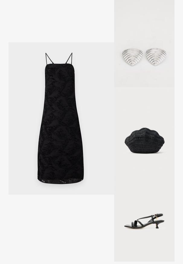 Robe noire à bretelles spaghetti, avec un tissu texturé à motif floral, longueur genoux et une silhouette droite.; Sandale noire en cuir à brides fines, talon bas kitten, boucle à la cheville et petit pendentif doré sur fond clair uni.; Sac à main en osier noir en forme de coquille Saint-Jacques avec un dessus courbé et une texture tressée sur un fond uni.; Boucles d'oreilles en argent avec un design ondulé et texturé, en forme de croissants superposés ; la finition polie accentue les qualités réfléchissantes.