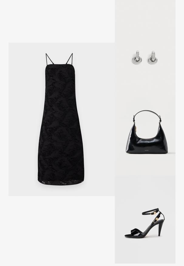 Robe noire à bretelles spaghetti, avec un tissu texturé à motif floral, longueur genoux et une silhouette droite.; Sandale à talon haut en cuir verni noir avec double bride de cheville et boucles dorées, bout ouvert, et talon effilé sur fond neutre.; Sac à main Calvin Klein noir brillant avec fermeture éclair dorée et anse courte sur fond blanc uni.; Paire de petites boucles d'oreilles créoles argentées brillantes avec une base ronde, présentées sur un fond clair uni.