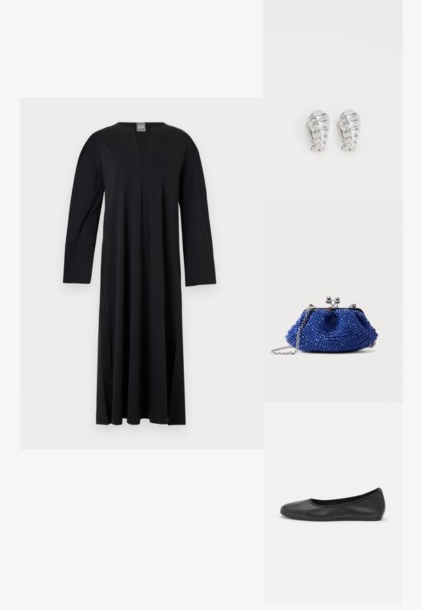 Robe noire à manches longues avec un décolleté en V, fabriquée en tissu lisse. Présente des fentes sur les côtés, une coupe décontractée et un design d'épaule sans couture.; Ballerines en cuir noir avec un bout rond, texture lisse, détails de couture minimalistes et design de semelle flexible.; Petit sac pochette bleu perlé avec fermoir argenté et bandoulière en chaîne, posé sur un fond uni gris clair.; Boucles d'oreilles en clip argentées avec un design en spirale, présentant une texture métallique lisse et des formes arrondies. Pas d'embellissements ou de motifs visibles.