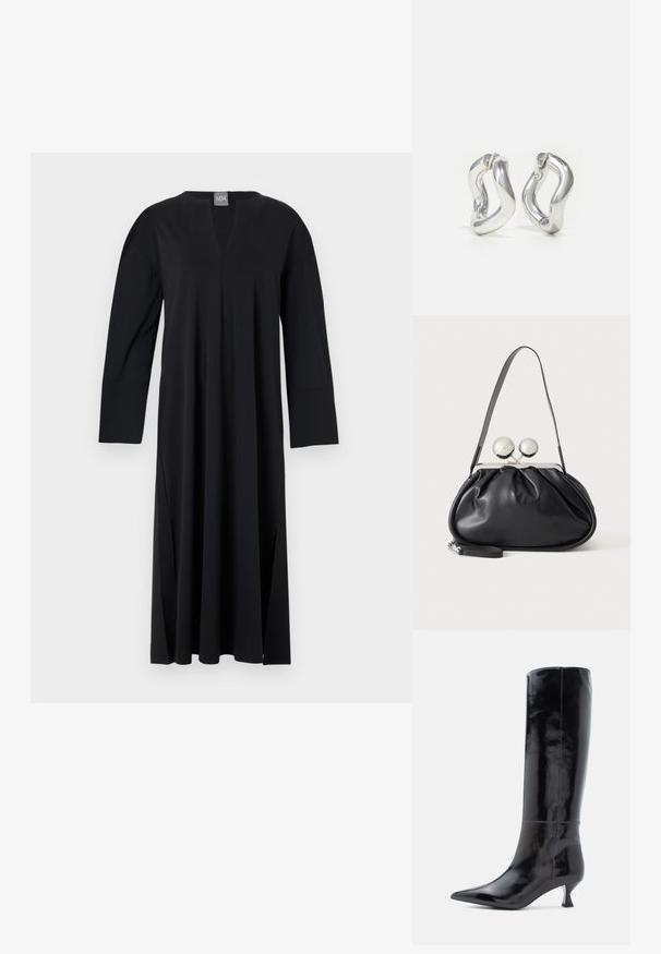 Vestido negro de manga larga con escote en V, hecho de un tejido suave. Presenta aberturas laterales, corte relajado y un diseño de hombros sin costuras.; Botas de cuero negras hasta la rodilla con un acabado brillante, punta afilada y un pequeño tacón cuadrado. Textura suave, detalles de costura mínimos.; Bolso de mano de cuero negro con diseño fruncido, una sola correa, marco metálico plateado y dos cierres grandes redondos de plata.; Pendientes de aro plateados con un diseño retorcido. Bordes redondeados y acabado brillante. Cierres abiertos para un fácil uso. Textura suave en toda la superficie.