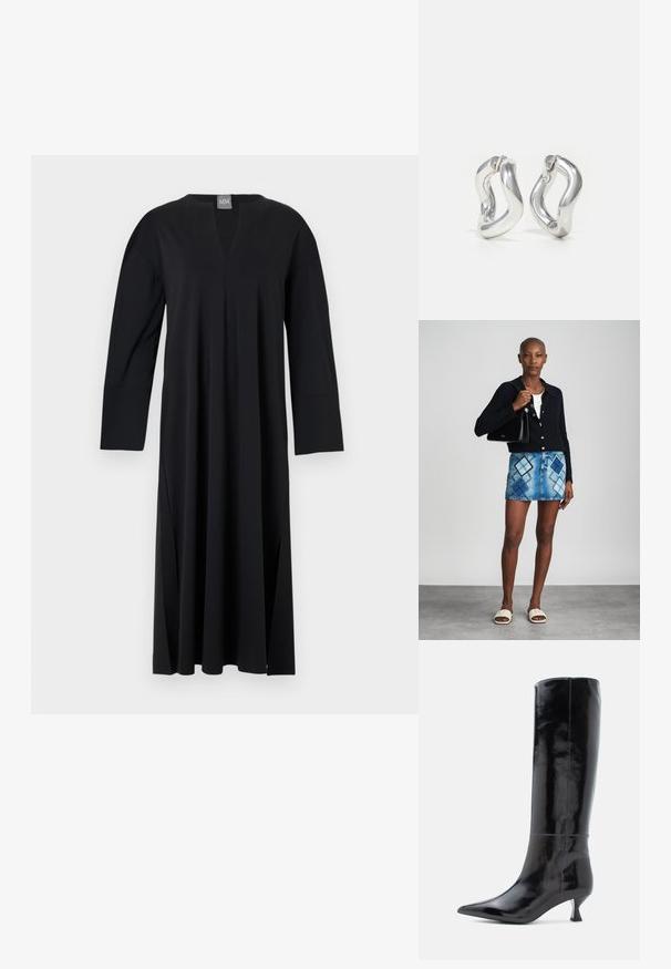 Vestido negro de manga larga con escote en V, hecho de un tejido suave. Presenta aberturas laterales, corte relajado y un diseño de hombros sin costuras.; Botas de cuero negras hasta la rodilla con un acabado brillante, punta afilada y un pequeño tacón cuadrado. Textura suave, detalles de costura mínimos.; Cárdigan negro de punto, blusa blanca, falda de mezclilla con patrón de diamantes en azul y negro, bolso negro y sandalias deslizantes beige.; Pendientes de aro plateados con un diseño retorcido. Bordes redondeados y acabado brillante. Cierres abiertos para un fácil uso. Textura suave en toda la superficie.