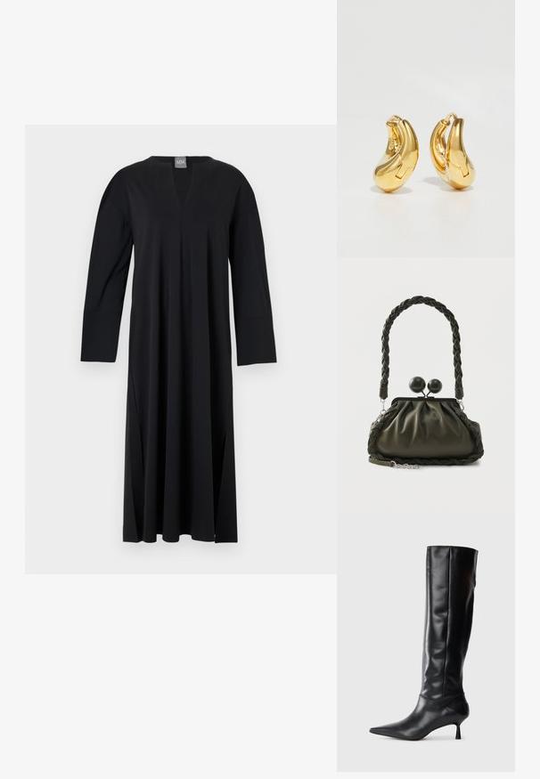 Vestido negro de manga larga con escote en V, hecho de un tejido suave. Presenta aberturas laterales, corte relajado y un diseño de hombros sin costuras.; Bota de cuero negra hasta la rodilla con punta afilada y tacón delgado curvado. Textura suave, diseño ajustado y sin hardware ni patrones visibles.; Bolso de cuero verde oliva con asa trenzada y herrajes plateados, que presenta un diseño fruncido y detalles de cierre redondeado en la parte superior.; Pendientes de aro de oro con forma curva y suave, y acabado pulido. Presentan un mecanismo de cierre y ligeras indentaciones para un toque de detalle.