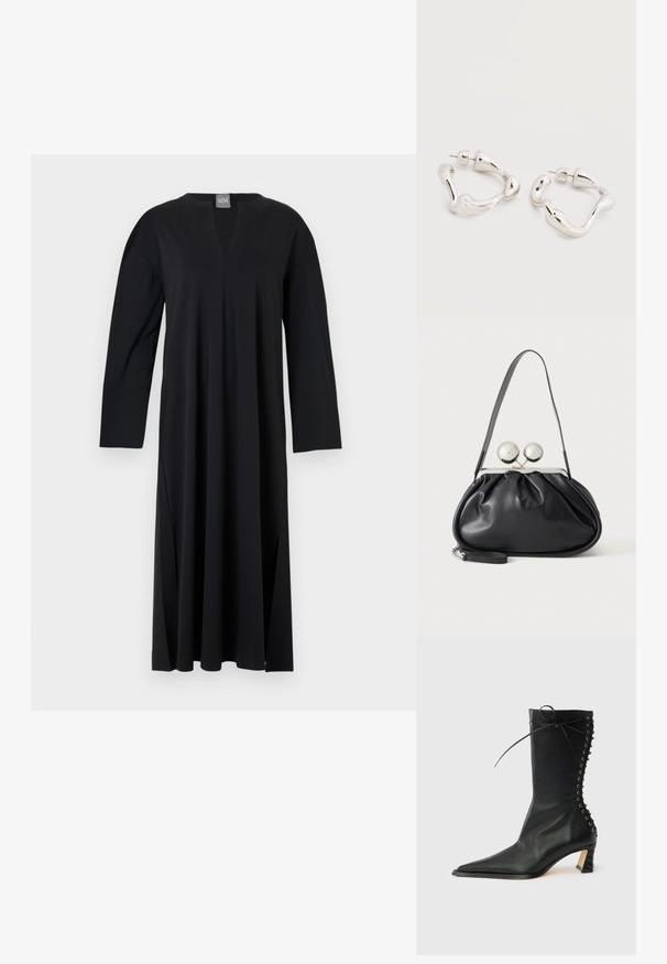 Vestido negro de manga larga con escote en V, hecho de un tejido suave. Presenta aberturas laterales, corte relajado y un diseño de hombros sin costuras.; Botín de cuero negro con punta puntiaguda, tacón delgado, detalle de cordones en la parte trasera y ojales metálicos. Textura suave con un diseño elegante.; Bolso de mano de cuero negro con diseño fruncido, una sola correa, marco metálico plateado y dos cierres grandes redondos de plata.; Pendientes de aro de forma irregular en tono plateado con cierre de poste sobre una superficie blanca lisa.