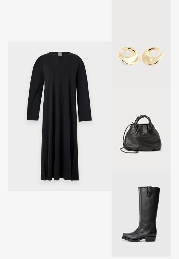 Vestido negro de manga larga con escote en V, hecho de un tejido suave. Presenta aberturas laterales, corte relajado y un diseño de hombros sin costuras.; Botas de cuero negras hasta la mitad de la pantorrilla con un ribete trenzado a lo largo del borde superior y la costura frontal, con un tacón bajo y grueso y una puntera redonda en forma de cuadrado.; Bolso de cuero negro con asas trenzadas, textura suave, forma redonda y una correa de hombro ajustable. Diseño simple y sin adornos.; Un par de pendientes tipo botón en forma de media luna, brillantes y dorados, con respaldos de plástico transparente sobre una superficie de color gris claro.