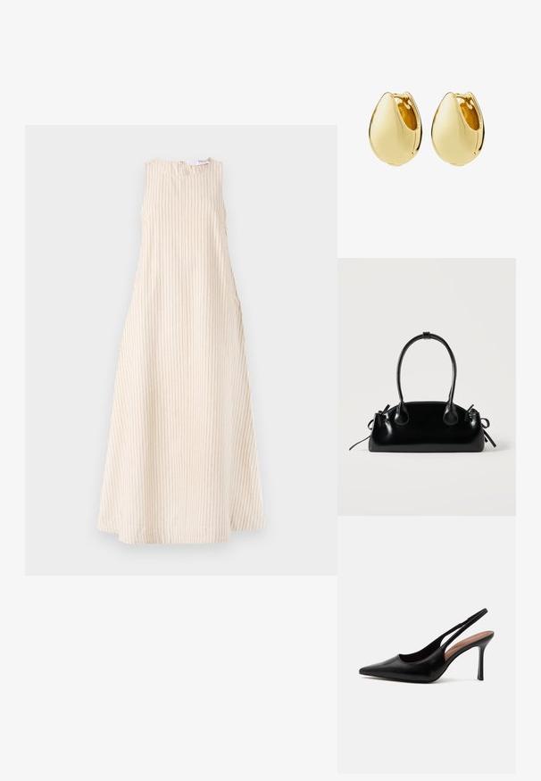 Beige mouwloze jurk met verticale ribbelstructuur, ronde halslijn en zijgathering. Midden-kuitlengte met een rechte silhouet.; Zwarte leren pumps met spits toelopende neus, dunne stilettohak en open hielriem op witte achtergrond.; Kleine zwarte glanzende handtas met twee lange hengsels en zijkant trekkoord details op een effen lichte achtergrond.; Een paar gladde, gepolijste gouden oorringen in druppelvorm met scharnierende sluiting, afgebeeld op een witte achtergrond.