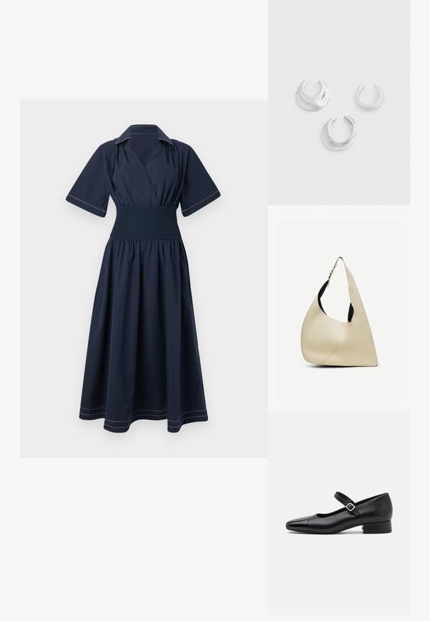 Robe portefeuille bleu marine à manches courtes, taille smockée, avec des coutures blanches contrastantes le long du col et de l'ourlet. Design de jupe fluide.; Chaussures Mary Jane en cuir noir avec un embout en vernis, une sangle cheville réglable et un petit talon carré. Texture lisse et design élégant.; Sac à bandoulière en cuir lisse couleur crème, de forme triangulaire arrondie, avec une sangle réglable et une boucle en argent.; Trois boucles d'oreilles en argent en forme de cerceaux ouverts avec des designs lisses et arrondis sur un fond clair uni, disposées en motif triangulaire.
