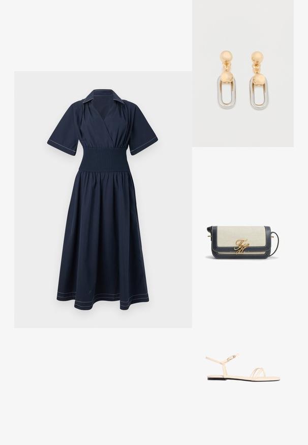 Vestido cruzado de color azul marino con mangas cortas, cintura fruncida y costuras blancas contrastantes en el cuello y el dobladillo. Diseño de falda fluida.; Sandalia plana beige con tiras finas, hebilla en el tobillo y suela negra, mostrada de perfil sobre un fondo blanco.; Bolso bandolera rectangular beige de tela con ribete de cuero negro, costuras blancas, logo dorado "TH" y correa ajustable sobre fondo blanco.; Pendientes de oro y plata con una parte superior esférica y un elemento colgante alargado en forma ovalada con un acabado brillante.